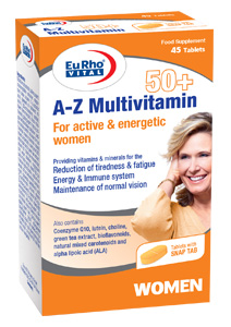 قرص A Z مولتی ویتامین بالای 50 سال بانوان یوروویتال 45 عدد EURHO VITAL A Z MULTIVITAMIN 50+ FOR WOMEN 45 TABS multivitamin a z 50 3d 25 12 99 w ok